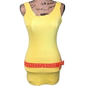 Vintage 1950’s Yellow One Pice Swimsuit With Red Floral Belt